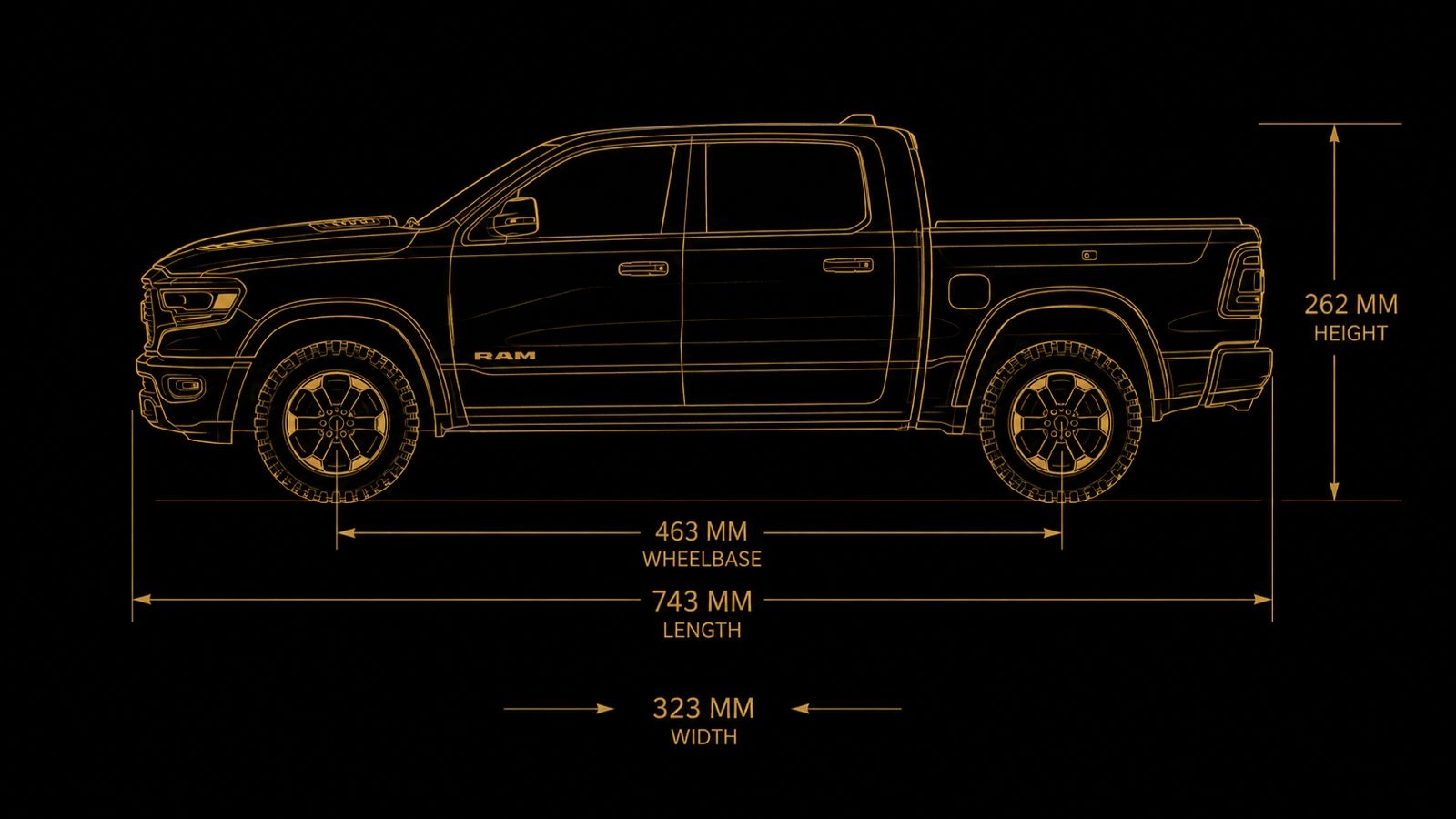 Medidas e proporções da Dodge Ram 1500 RC em escala 1:8
